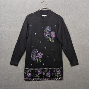 Vintage Beaded Sweater Dress Womens Small Black Purple Tunic Victoria Jones